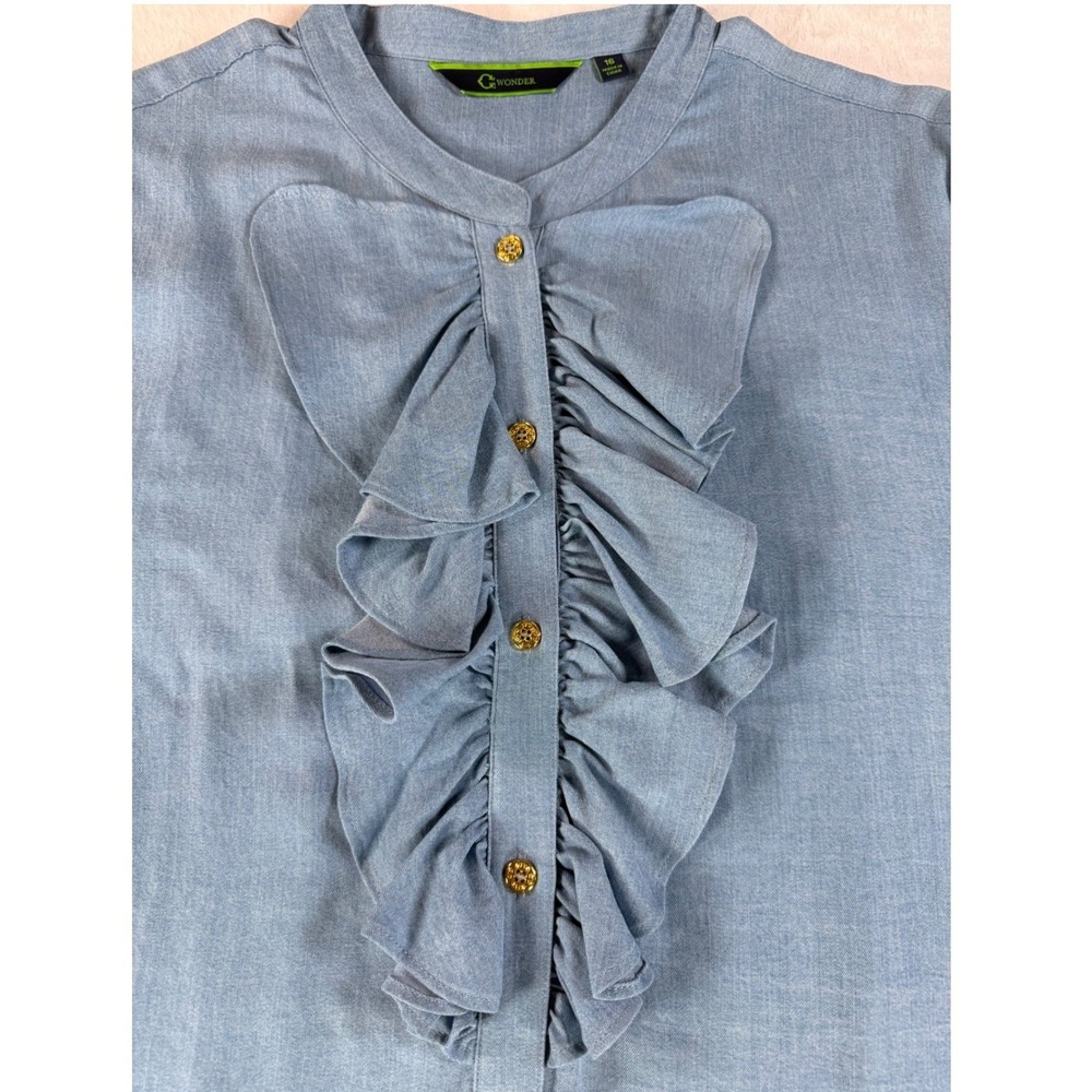 C. Wonder Ruffle Front Blouse 16W Chambray Denim Button Down Modern Elegant Chic - Picture 5 of 15